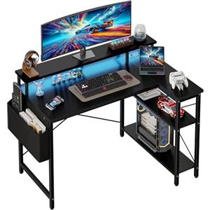 Grandder Scrivania ad Angolo Reversibile 100x70cm, Tavolino Computer a Forma L Ripiani Portaoggetti e Struttura in Acciaio, per Gaming, Computer, Ufficio, Studio e Casa, Nero