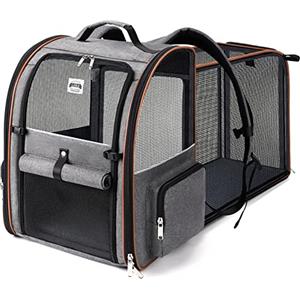 Lekespring Zaino per Cani Gatti Trasportino Espandibile,Grandi Pieghevole Cuccia Portatile con Imbracatura di Sicurezza e Tappetino per Animali Inclusi,Carico Massimo 10 KG,Grigio XL