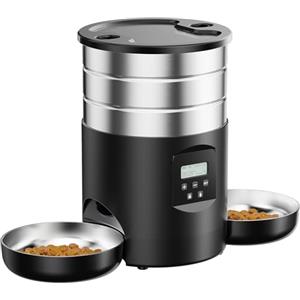 GROOKPET Distributore Automatico Cibo Gatti Doppio: Dispenser Crocchette Gatto Acciai Inossidabili - Erogatore Cibo Cani con Timer Programmabile - 5L Dosatore Crocchette - Mangiatoia Automatica con 2 Ciotola