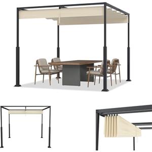 ACXIN Pergola con tetto apribile, tetto in acciaio, impermeabile, 160 g, in poliestere rivestito in PA, gazebo da giardino autoportante con protezione solare regolabile (beige, 3 x 3 m)