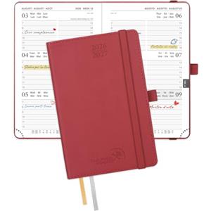 POPRUN Agenda 2026 2027 Settimanale Piccola 16 x 10,5 cm, Diario Scuola A6 17 Mesi da Ago.2026 a Dic.2027, Copertina Morbida in Pelle Vegana, Carta Spessa da 80 GSM, Borgogna