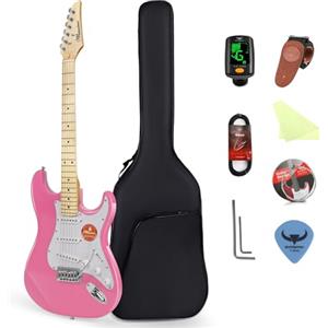Bullfighter 39 pollici Chitarra elettrica, formato 4/4 intero, pickup SSS, modello ST per principianti e amanti della musica con borsa, tracolla, plettri, accordatore, corde, cavo. MS-100 (Rosa)