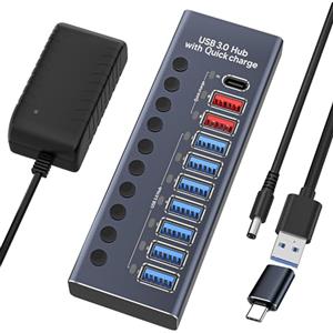 WLXKJY Hub USB 3.0 attivo in alluminio, hub USB 10 in 1 (7 porte di trasferimento dati USB 3.0 e caricatore rapido a 3 porte), con interruttore indipendente dall'alimentazione e porta PD