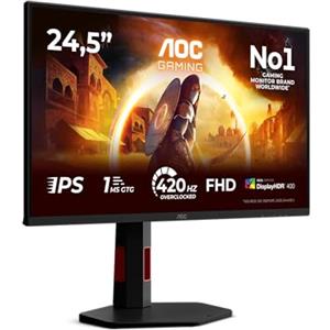 AOC Gaming Monitor 25G4KUR 24.5 pollici, 1920x1080, FHD, 420Hz, Fast IPS Panel, 0.3ms MPRT, USB Hub, Height Adjustment, (HDMI2x 2.0 DP 1x 1.4) Adaptive Sync, HDR400, G-Sync Compatible, Nero