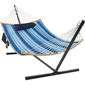 GYMAX Amaca Singola con Supporto in Metallo, Portata 150kg, Lettino Sospeso con Cuscino, Tasca Portaoggetti e Portabicchieri, Amache Giardino Spiaggia Campeggio Balcone Terrazzo, Portatile