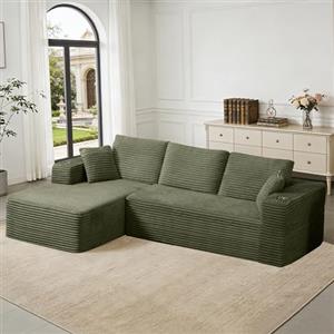 Scisola divano angolare, divano letto 3 posti Angolo Modulare con Portabicchieri, Divano a L Reversibile per Salotto Soggiorno Appartamento 261x172x60cm, Verde
