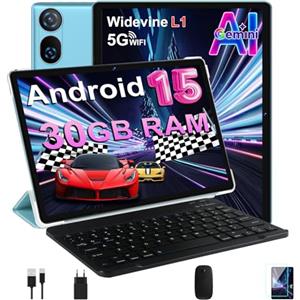 DMOAO Tablet 10 Pollici Android 15 con 30 GB RAM + 2TB ROM Espansione, FHD Tablet con Tastiera e Mouse, 5G Wi-Fi, GPS, Widevine L1, Octa-Core, USB-C, BT 5.0, 6000 mAh, 8MP+5MP, Gemini AI, Blu