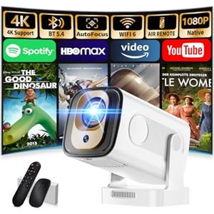 Nonete Proiettore 1080P FHD[2026 Upgraded] Mini Proiettore Portatile 4K con Bluetooth 5.4 WiFi 6 Projector TV Auto Keystone Videoproiettore con HDMI/Phone/USB/TV Stick/Laptopcon Cavo HDMI & Mouse,Bianco