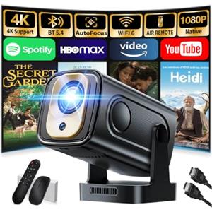 Nonete Proiettore 1080P FHD Mini Proiettore Portatile 4K con Bluetooth 5.4 WiFi 6 | Apps integrate,Projector TV Auto Keystone Videoproiettore con HDMI/Phone/USB/TV Stick/Laptopcon Cavo HDMI & Mouse,Nero