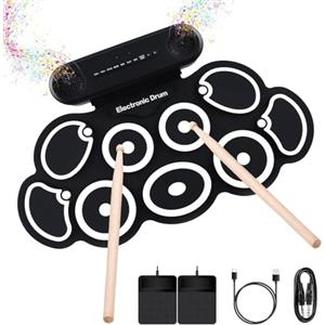 INGPARTNER Batteria elettronica, 9 pad per batteria elettrica con jack per cuffie e altoparlante incorporato per 10 ore di riproduzione con pedali per bacchette, regalo di compleanno per adulti, studenti