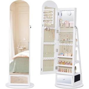 SONGMICS Armadietto Portagioie Girevole a 360° con LED, Specchiera Portagioielli a Figura Intera, Cassetto, Specchio Interno, Specchio Ingranditore, Ganci, Mensole, Bianco Nuvola JJC030WB01