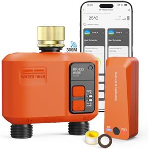 XinFuture Centralina Irrigazione WiFi 2 uscite con 300 metri RF, Ingresso in Ottone, Timer Irrigazione Smart Compatibile con APP e Vocale Alexa, Ritardo Della Pioggia, Temporizzatore Irrigazione per Giardino