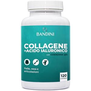 Bandini® Collagene e Acido Ialuronico - Collagene idrolizzato, 120 compresse arricchite con Coenzima Q10-1000mg di collagene a dose con acido ialuronico e CoQ10 per pelle, ossa e Articolazioni