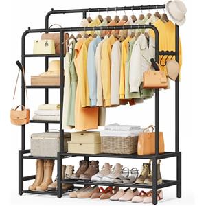 SONGMICS Stand Appendiabiti, Guardaroba Aperto, 7 Ripiani Portaoggetti, Struttura in Metallo, Barre Appendiabiti, Camera da Letto, Soggiorno, Ingresso, Nero HSR182B01