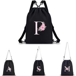 A-Z BAG Zaino Personalizzabile con Iniziale Fiore Borsa Sportiva 4 in 1 (Zaino/Borsa a Tracolla/Portatile) Impermeabile per Fitness, Nuoto, Scuola e Viaggi, Nero, P