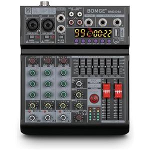 BOMGE Mixer audio 04A, console di mixaggio professionale con USB/Bluetooth/computer/mixer DJ con ingresso stereo a 4 canali, 48 V, Phantom Digital 99, effetto DSP per registrazione su PC, karaoke