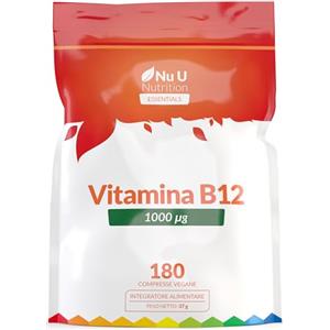 Nu U Nutrition Vitamina B12 1000 µg - 180 Micro Compresse Vegane ad Alta Concentrazione - Vit B Metilcobalamina - 6 Mesi di Fornitura - Prodotta in Europa - Nu U Nutrition
