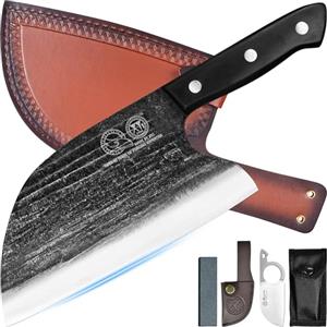 XYJ Full Tang, coltello cuoco serbo, Chef carne Cleaver, coltelli da cucina, set con guaina di cuoio, prendere trasporto, macellaio, per campeggio o all'aperto (8 pollici)