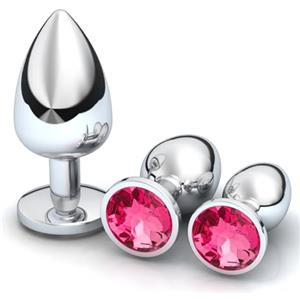 Claglamatree 3 Pezzi Plug Anale Metallo,Giocattoli Anali Argento,Anal Butt Plug con diamante di cristallo, Anal Sesso Giocattoli,Per Uomo, Donna,Principiante (Rosa rossa)