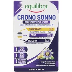 Equilibra Crono Sonno, Melatonina in Compresse Triplo Strato, Rilascio Prolungato fino a 6 ore, Rilassamento e Addormentamento, Tecnologia Super Fast + Fast + Retard, Vegan, Senza Glutine e Lattosio