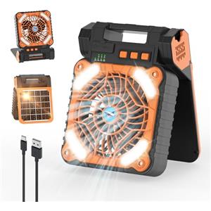 Smiling Shark Campeggio Ventilatore con LED Luce, 6000mAh Portatile 4 Velocità 3 Luminosità Solare Ventilatore per Tavolo con Power Bank&Timer Ricaricabile Ventilator da Esterno per Viaggi Lavoro
