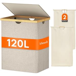 Lifewit Cesto Portabiancheria in Bambù, Grande Portabiancheria Sporca con Coperchio, Cesta Biancheria Pieghevole con Sacchi Rimovibili per Camera, Bagno, Lavanderia, 120 L, Beige