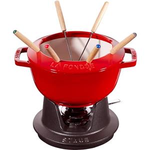 STAUB set per fonduta con 6 forchette, ghisa, 20 cm, 2,3 l, per fonduta di formaggio, cioccolato e carne, Made in France, rosso ciliegia