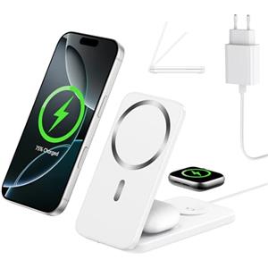 XNYAND Caricatore Wireless 3 in 1 Compatibile MagSafe, Stazione di Ricarica Magnetica Pieghevole 15W per iPhone 17/16/15/14, Apple Watch e AirPods Dock di Ricarica Wireless per Scrivania Comodino e Viaggio