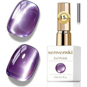 Senvenski Gelatina Vetro Cat Eye Smalto Semipermanente, 15ML Occhi di Gatto Magnetica per Gel Unghie Kit Olografico Glitterato Cristallo Smalti Unghie Salon Home DIY (Viola, 0.5fl oz)