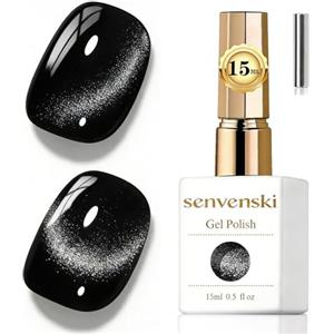 Senvenski Gelatina Vetro Cat Eye Smalto Semipermanente, 15ML Occhi di Gatto Magnetica per Gel Unghie Kit Olografico Glitterato Cristallo Smalti Unghie Salon Home DIY (Nero Glitterato, 0.5fl oz)