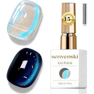 Senvenski Gelatina Vetro Cat Eye Smalto Semipermanente, 15ML Occhi di Gatto Magnetica per Gel Unghie Kit Olografico Glitterato Cristallo Smalti Unghie Salon Home DIY (Lacrime blu, 0.5fl oz)