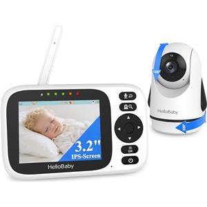HelloBaby Baby Monitor Video e Audio 3.2'',Telecamera Bambini con Monitor, 320° Telecamera Rotante, Visione Notturna, Modalità ECO, Rilevamento della Temperatura, Interfono Bidirezionale, Ninna Nanna