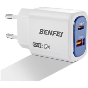 BENFEI Caricabatterie da muro BENFEI GaN USB-C da 33 W, caricabatterie rapido a 2 porte per iPhone serie 16/15, Galaxy S25/S24, iPad Pro, Steam Deck e altri dispositivi (include cavo USB-C da 60 W e 91 cm)