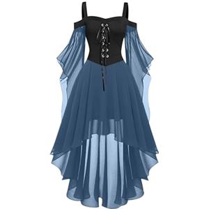 Generico Gotico Vestito Halloween Costume Donna, Abiti Maxi con Lacci A-Line di Grandi Dimensioni con Maniche a Farfalla, Costume da Strega Vintage per Feste Cosplay Club Party per Donne Classico