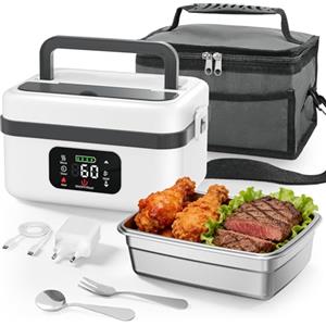 Reomdara Scaldavivande Elettrico Portatile 1L con Temperatura e Tempo Regolabili, 60 W, Display LED Scaldavivande Portatile con Cucchiaio Forchetta & Borsa Termica per Ufficio Viaggio Esterno (bianco e grigio)