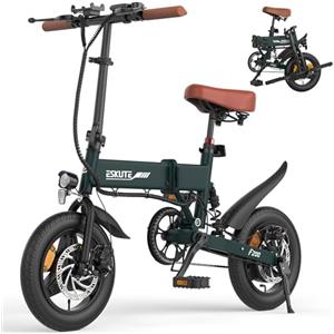 ESKUTE F200 Bici Elettrica, Bicicletta Elettrica Pieghevole Mini 14", Batteria 36V 7.8Ah, 25 KM/h & Autonomia 35-50 KM, Supporto USB per Cellulare, Sella Erg., E-bike per Pendolari Urbani, Verde Scuro