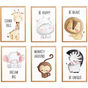 WIETRE® - Set di 6 immagini per la cameretta dei bambini, decorazione per bambini, formato DIN A4, tema: animali della foresta, Safari, Africa - senza cornici