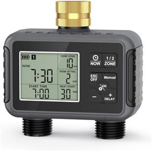 RIOGOO Timer per rubinetto da giardino esterno, timer per irrigatore programmabile con ritardo pioggia, irrigazione a goccia automatica e sistema di irrigazione del prato per cortile (2 Outlet)