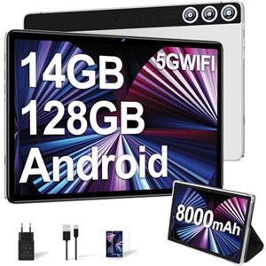 DMOAO Tablet 10 Pollici Android con 14 GB RAM + 128 GB ROM(1TB Espandibile), Octa-Core, 5G Wi-Fi, GPS, 8000mAh, 8MP+5MP, Bluetooth 5.0, USB-C, OTG, Tablet con Custodia, Argento