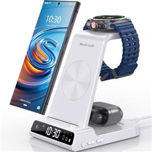 NeotrixQI Caricatore Wireless Con Orologio Digitale per Samsung Galaxy S25 Ultra, Stazione di Ricarica Wireless per Galaxy Watch Ultra 8/7/6, Caricatore Wireless per S24 Ultra Z Fold 6/Z Flip 6,Galaxy Buds 2
