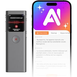 NUASI Registratore Vocale AI, 64GB Registratore Digitale Trascrizione e Riassunto Automatico, Supporta 90+ Lingue, Controllo App, Cloud illimitato, con Attivazione Vocale per Riunioni/Lezioni