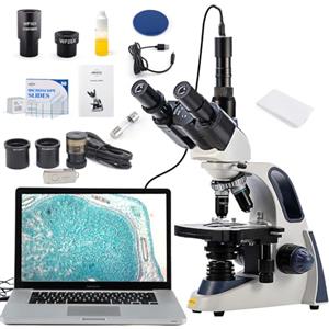 SWIFT Microscopio trinoculare SW380T, ingrandimento 40-2500x, testa pentola, tavolo meccanico 2 strati, fotocamera 5MP, software, 100 vetrini vuoti
