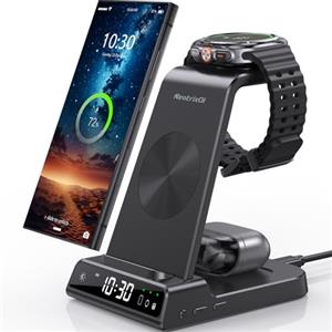 NeotrixQI Caricatore Wireless Con Orologio Digitale per Samsung Galaxy S25 Ultra, Stazione di Ricarica Wireless per Galaxy Watch Ultra 7 6 5Pro, Caricatore Wireless per S24 Ultra Z Flip 6 Galaxy Buds 2