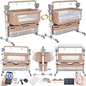 Magic ZC Elettrico Bluetooth Intelligente Culla Neonato Next to me, Convertibile Culla Co-sleeping, Telecomando e 5 Ingranaggi Oscillanti, Pieghevole Neonato Fianco Letto con Musica (601 Brown)