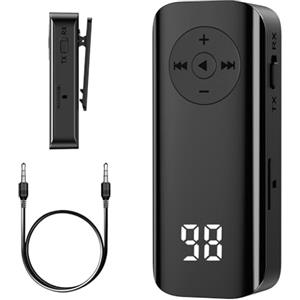 OQIMAX Trasmettitore Bluetooth Jack Adattatore Bluetooth 2 in 1 Blue-Tooth 5.3 Trasmettitore e Ricevitore Jack 3,5 mm, con schermo di visualizzazione, design Lavalier, supporta scheda TF