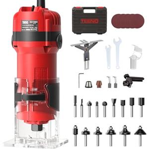 TEENO Rifilatore Fresatrice Verticale per Legno 800W 15000-32000 RPM,Legno Rifilatrice Elettrica,32 Accessori,15 pezzi 1/4 Fresatura Cuter, 6 Velocità Variabili, Mandrino 6/6.35,SCATOLA DI PLASTICA