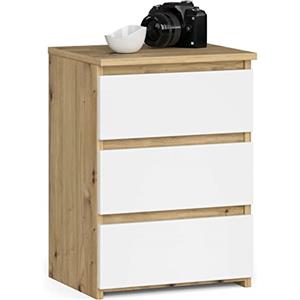 AKORD | Comodino CL-3 con 3 Cassetti | per il soggiorno, la camera da letto, il guardaroba, l'ufficio e lo studio | Design moderno e funzionale | 35 x 40 x 57 cm, 26 kg | (Bianco | Rovere Artigianale)
