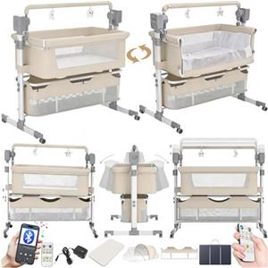 Magic ZC Elettrico Bluetooth Intelligente Culla Neonato Next to me, Convertibile Culla Co-sleeping, Telecomando e 5 Ingranaggi Oscillanti, Pieghevole Neonato Fianco Letto con Musica (601 Beige)