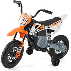 COSTWAY 12V Moto Elettrica per Bambini, Motorino Elettrico con Ruote di Allenamento Rimovibili, Sospensione a Molla, Musica e Connessione Wireless, Motocicletta Cavalcabile per 3-8 Anni (Arancio)