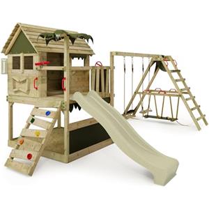 Fatmoose Parco giochi Portico Legno TikaTaka con altalena SurfSwing e Scivolo Verde Salvia, Capanna Bambino Esterno con Sabbia, Scala Arrampicata & Accessori Giochi